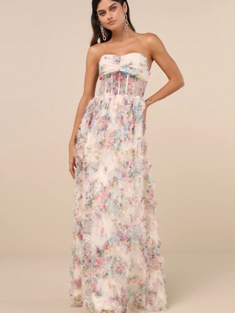 Lulu's Pastel Floral Strapless Maxi Dress